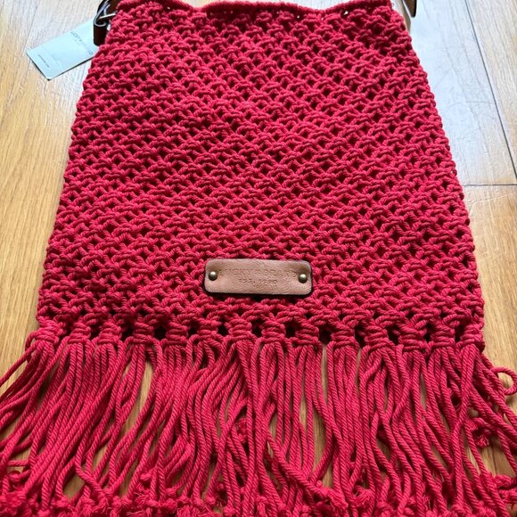 Lucky Brand NEW Hibiscus Red Tessa Macrame Fringe Leather Strap Crossbody Bag - Picture 8 of 16
